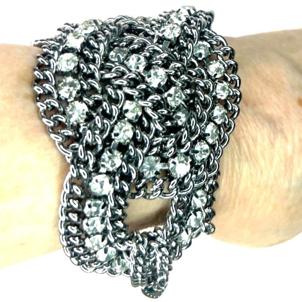 Chunky Bracelet Silver tone Chains Rhinestones‎ Biker Babe Stella And Dot Petra
